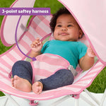 Bright Starts Pop 'N Chill baby travel seat with UPF 50 canopy and pink stripe