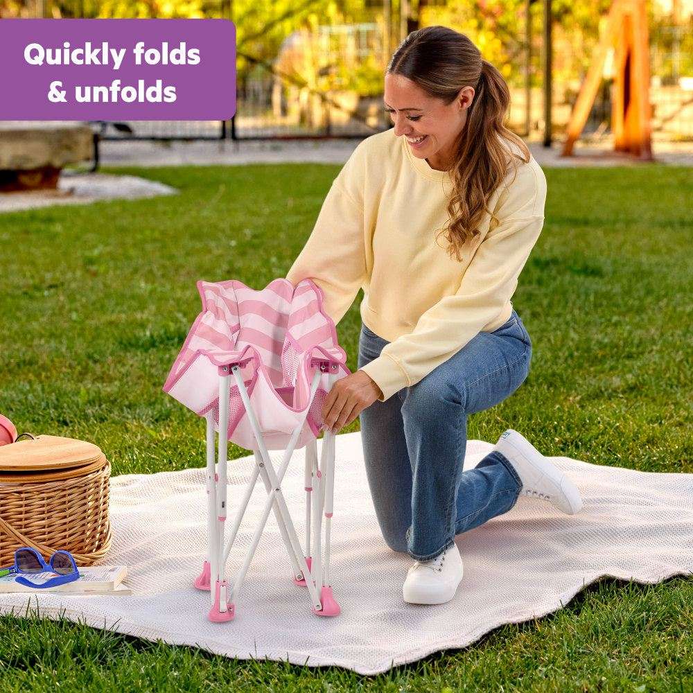 Bright Starts Pop 'N Chill baby travel seat with UPF 50 canopy and travel bag in pink stripe