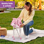 Bright Starts Pop 'N Chill baby travel seat with UPF 50 canopy and travel bag in pink stripe
