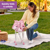 Bright Starts Pop 'N Chill baby travel seat with UPF 50 canopy and travel bag in pink stripe