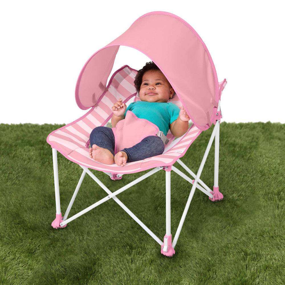 Bright Starts Pop N Chill baby travel seat with UPF 50 canopy and travel bag pink stripe
