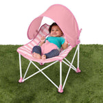 Bright Starts Pop N Chill baby travel seat with UPF 50 canopy and travel bag pink stripe