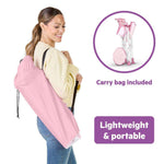 Pink Bright Starts Pop N Chill baby travel seat with UPF 50 canopy and travel bag