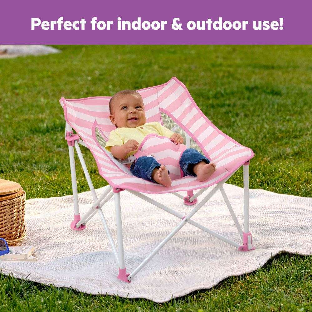 Bright Starts Pop 'N Chill pink stripe baby travel seat with UPF 50 canopy and travel bag