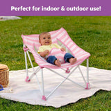 Bright Starts Pop 'N Chill pink stripe baby travel seat with UPF 50 canopy and travel bag