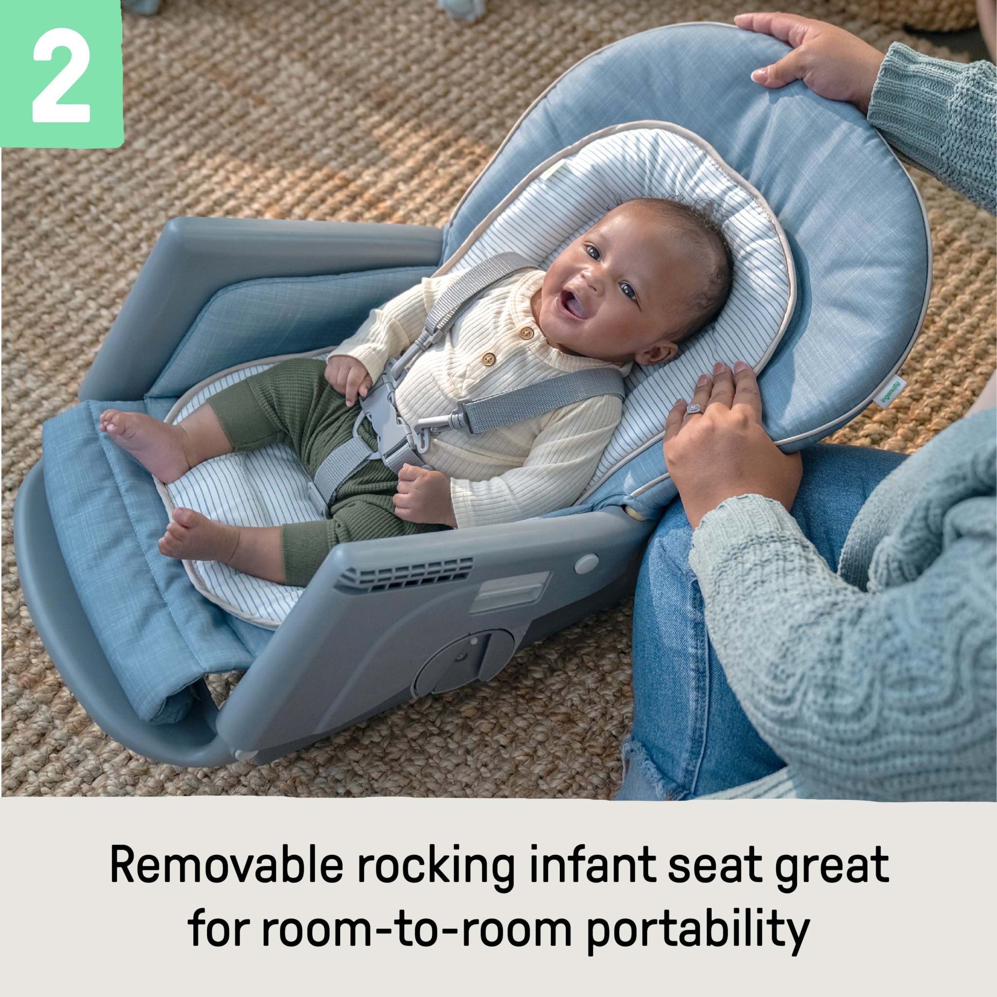 Proper Positioner 7-in-1 Deluxe High Chair in chambray with adjustable recline, multi-stage seating, and ergonomic design for newborn to toddler.