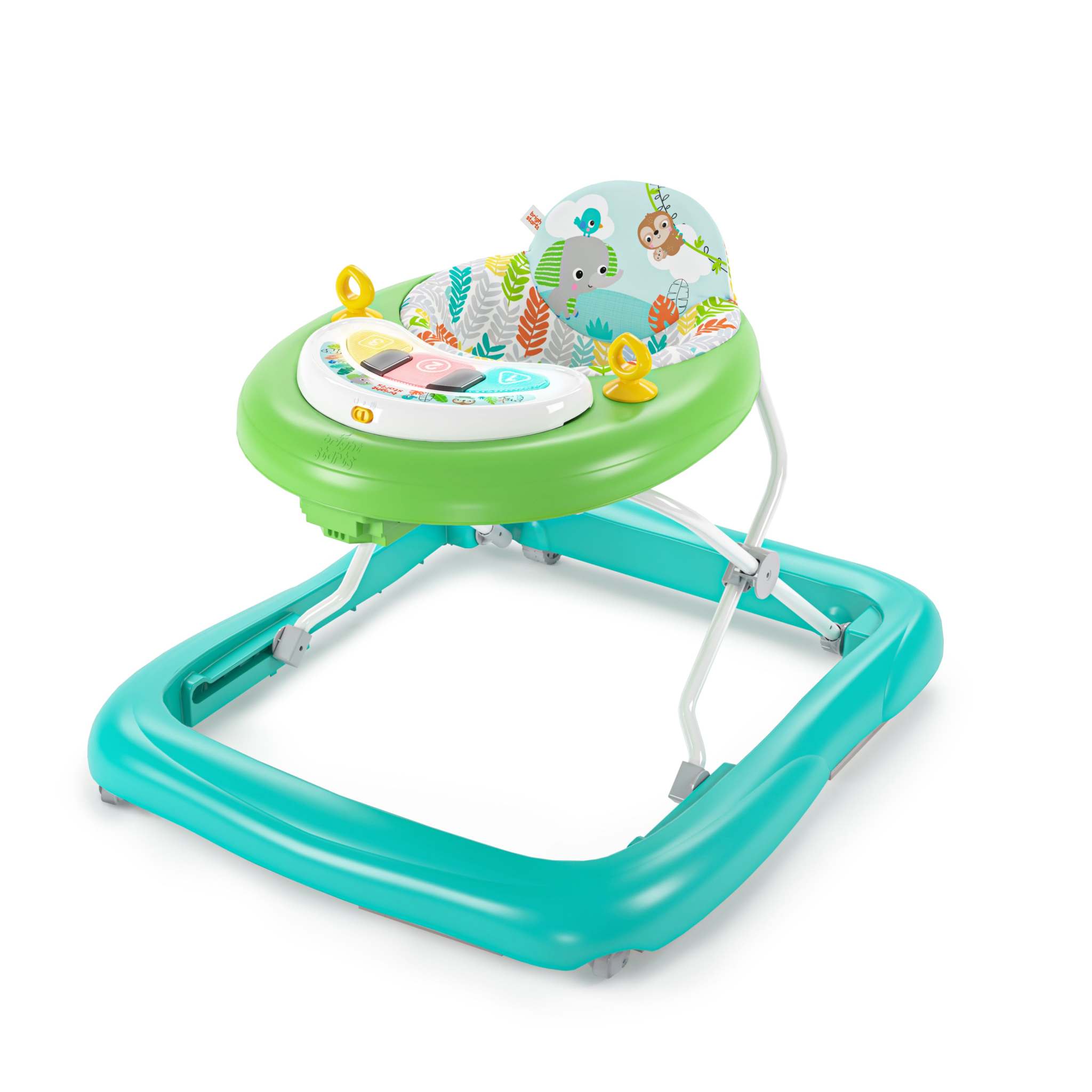 Bright Starts Tiny Trek Walker 2-in-1 jungle-themed musical baby walker with piano toy and foldable design