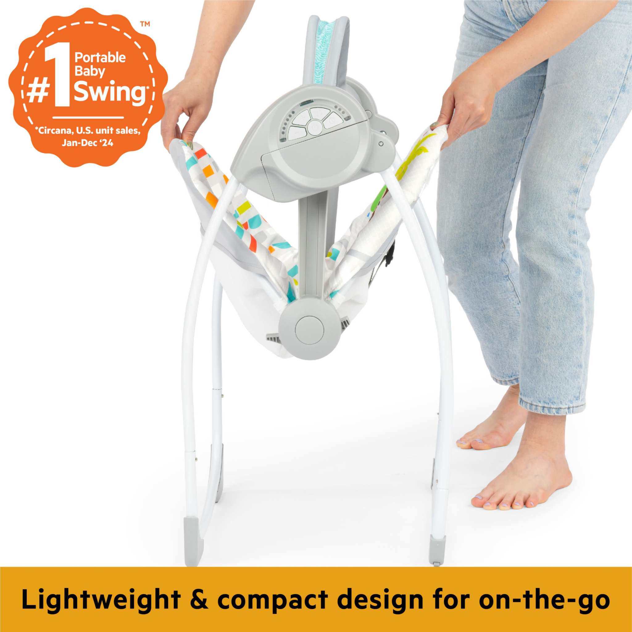 Bright Starts Playful Paradise portable compact baby swing with toy bar and recline features