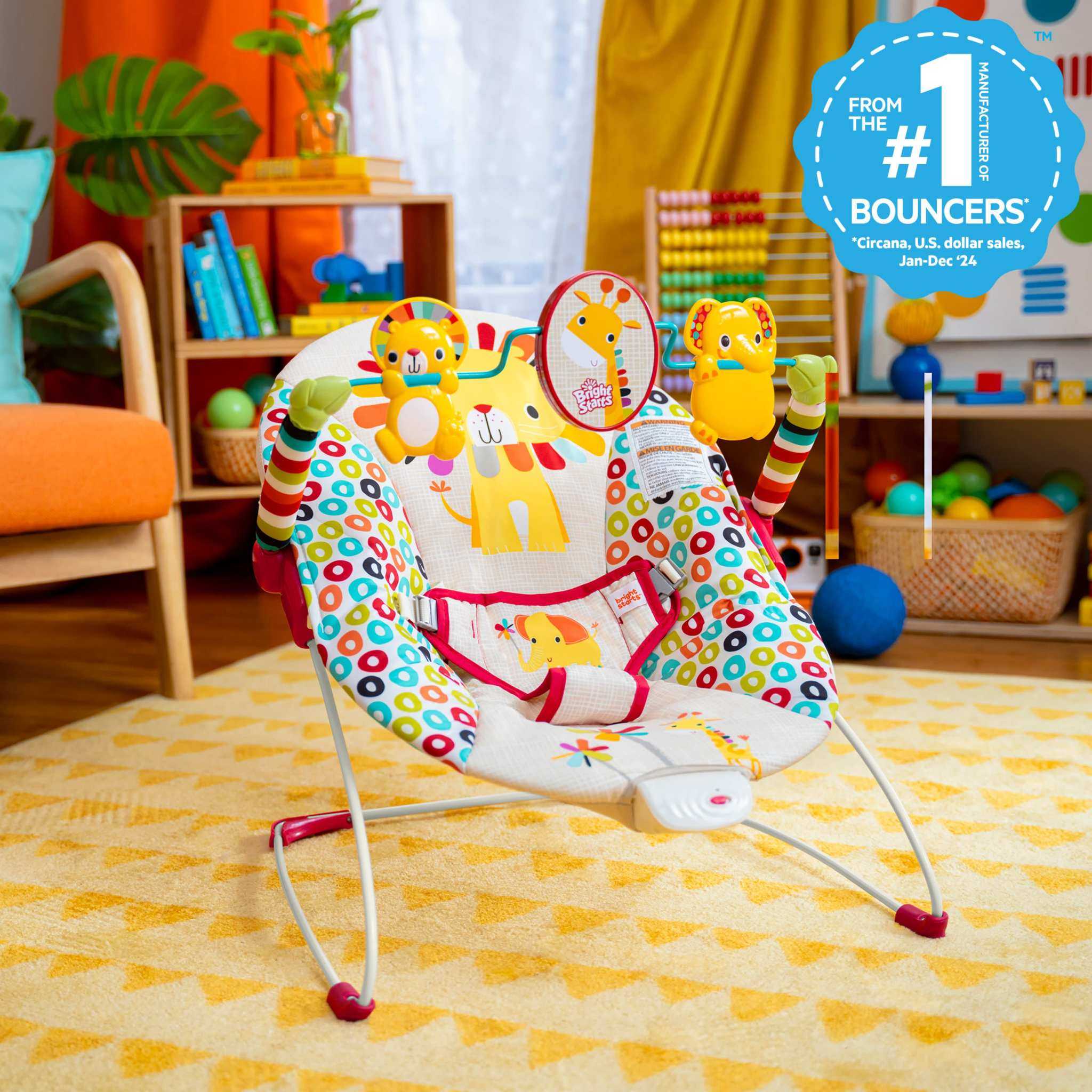 Bright Starts Playful Pinwheels baby bouncer with toy bar and vibrating seat