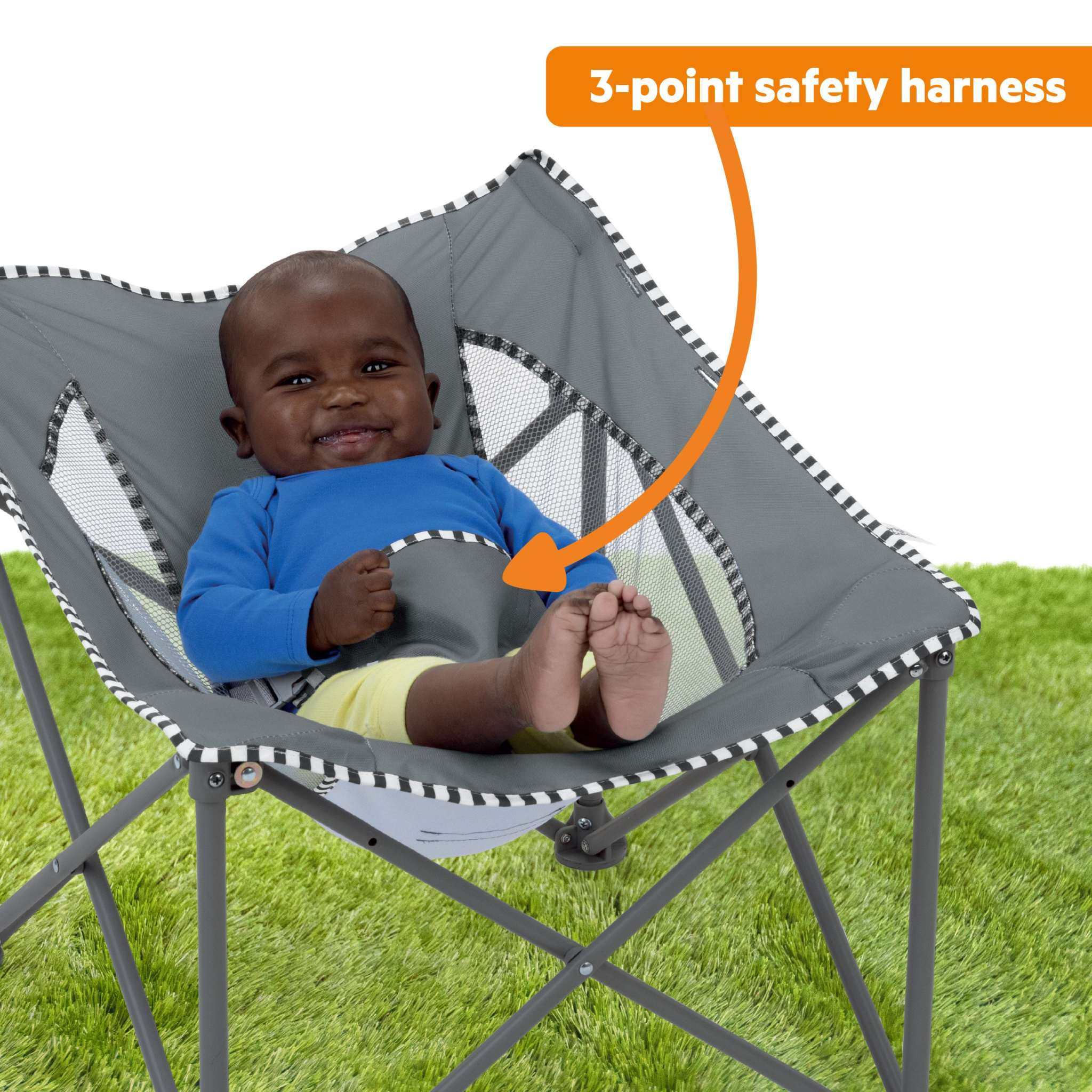 Bright Starts Pop N Chill grey infant travel seat with canopy and safety harness