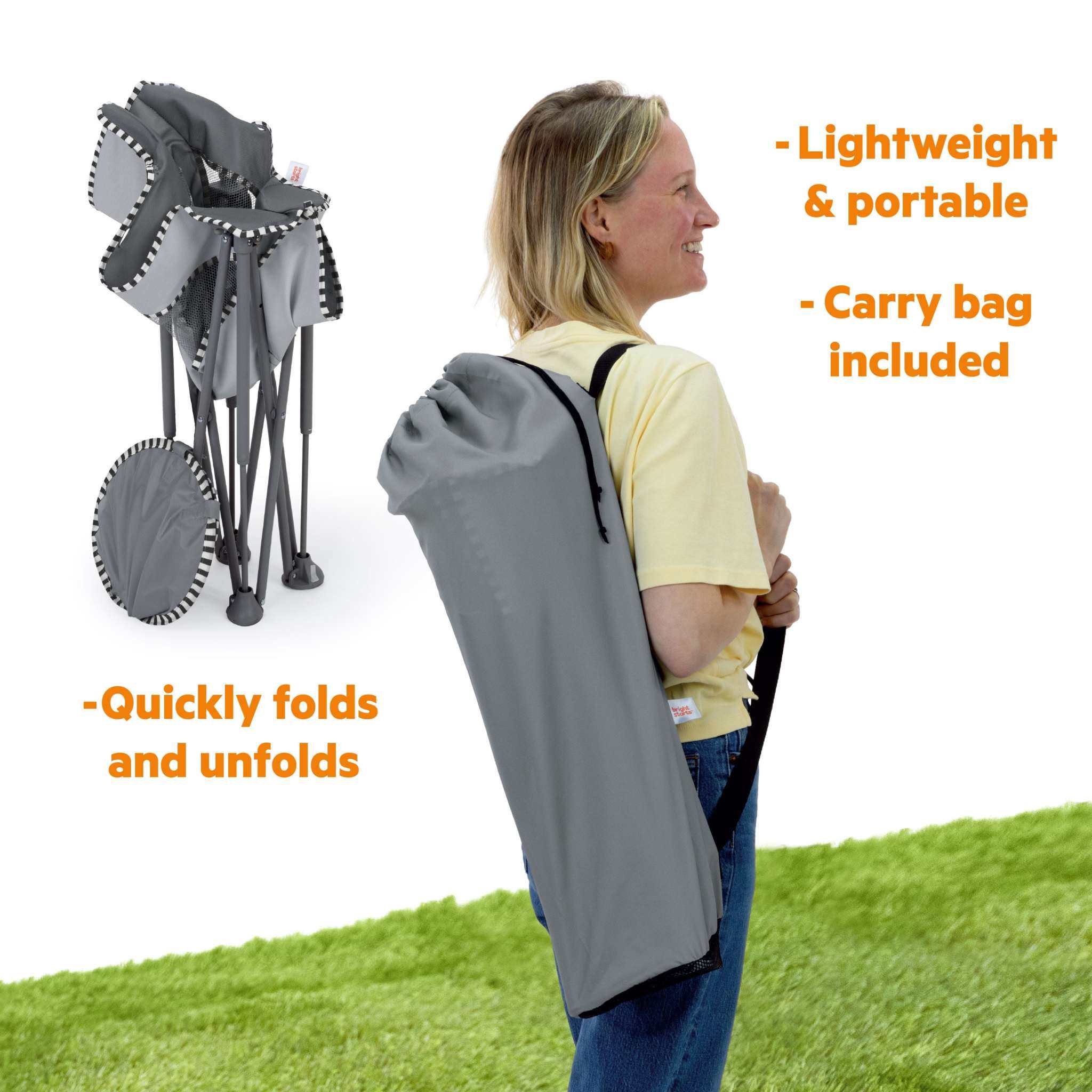 Bright Starts Pop 'N Chill Travel Seat in grey with canopy and harness