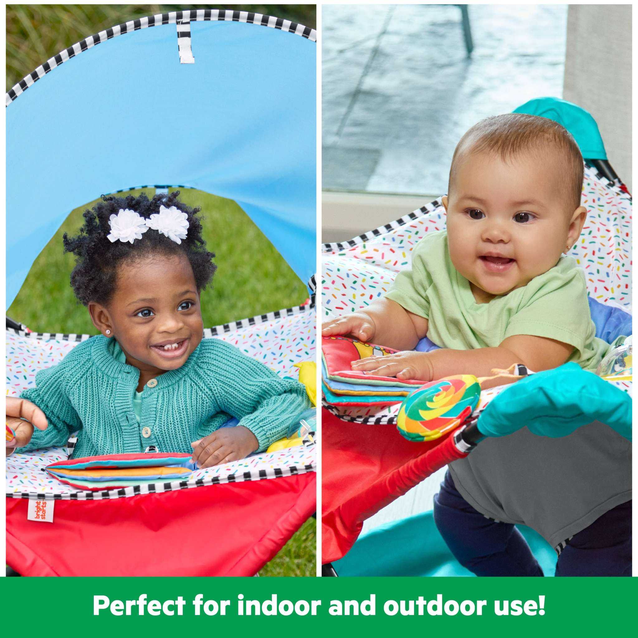 Bright Starts Pop 'N Jump portable activity jumper with canopy and sensory toys