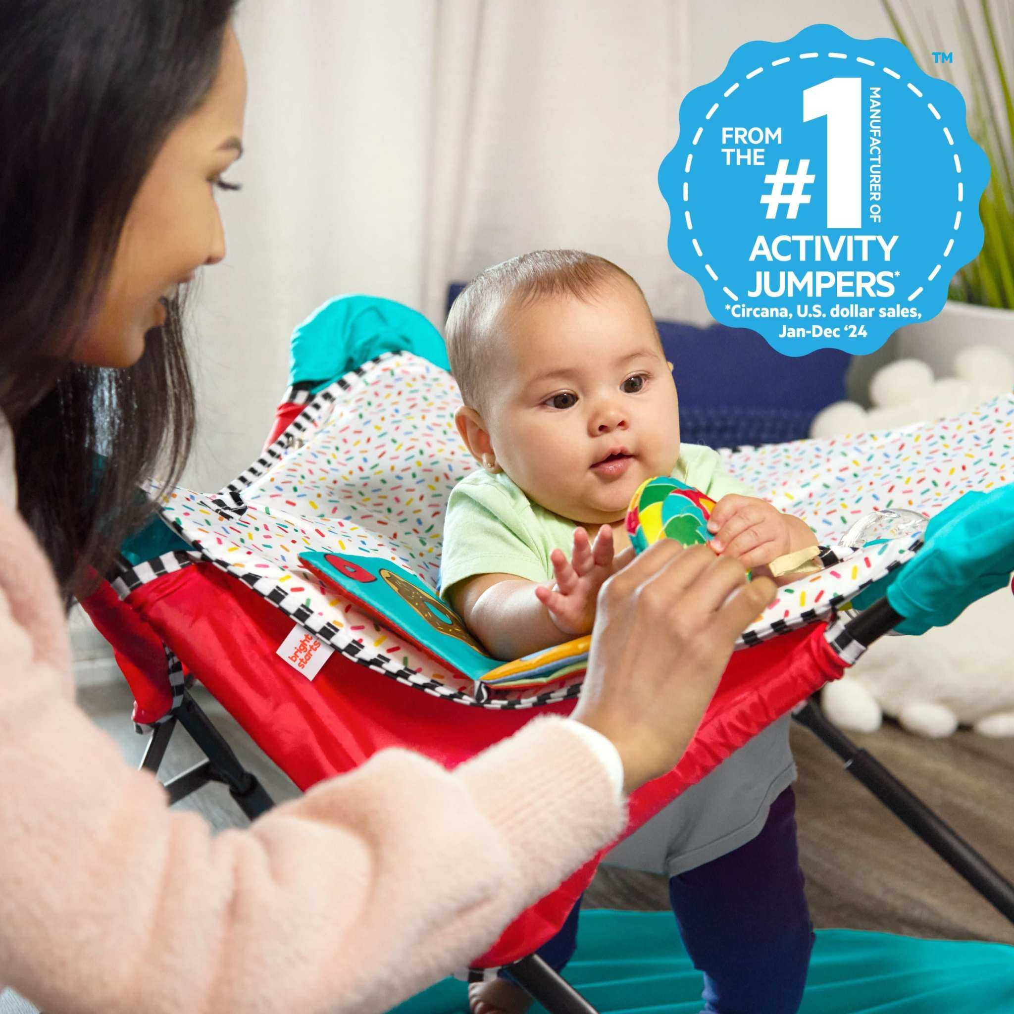 Bright Starts Pop N Jump portable baby jumper with sweet treats theme and canopy