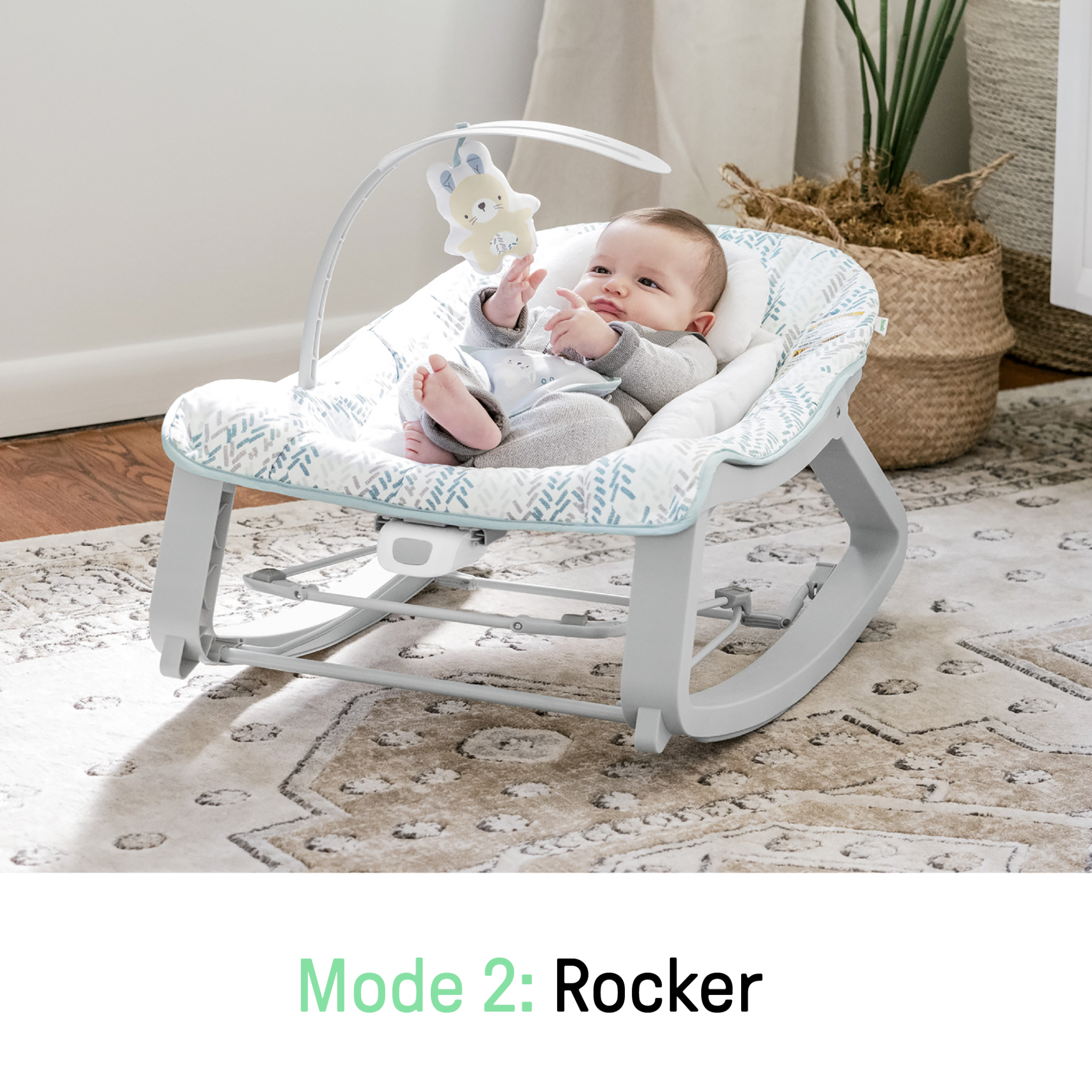 Keep Cozy Baby Bouncer 3-in-1 bounce and rock seat with plush bunny toy in spruce color