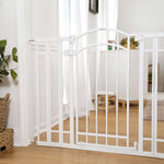 White Doorway 48W Series pet and baby safety gate installed in a doorway with an arch design