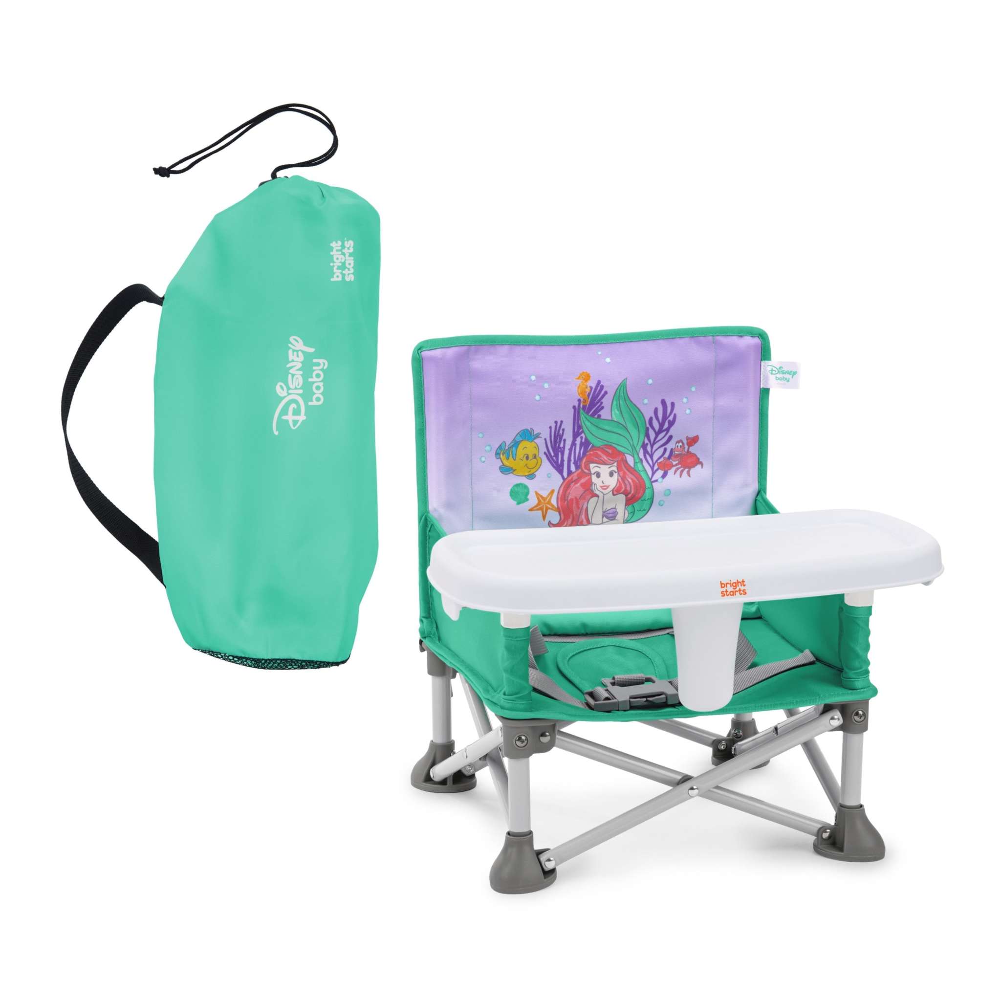 Bright Starts Disney The Little Mermaid portable booster with carrying bag, featuring a secure seat for babies and toddlers.