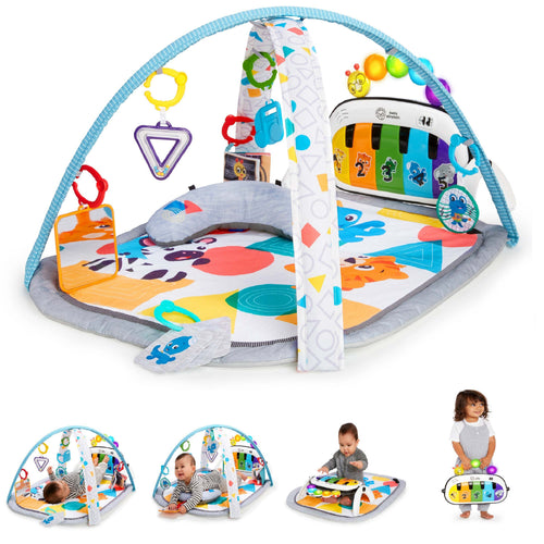 Baby Einstein 4-in-1 Kickin’ Tunes musical activity gym with colorful play mat, toy bars, kick piano, and detachable sensory toys for babies 0-36 months.