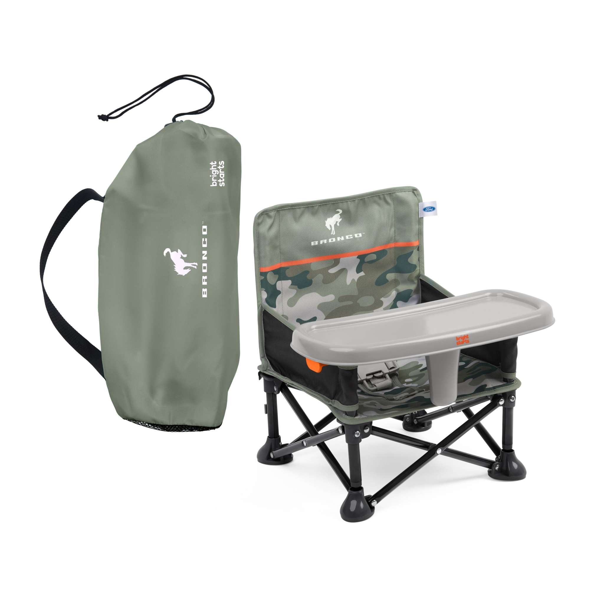 Ford Bronco Desert Grey Pop 'N Sit portable booster seat with camo print and removable tray for babies and toddlers