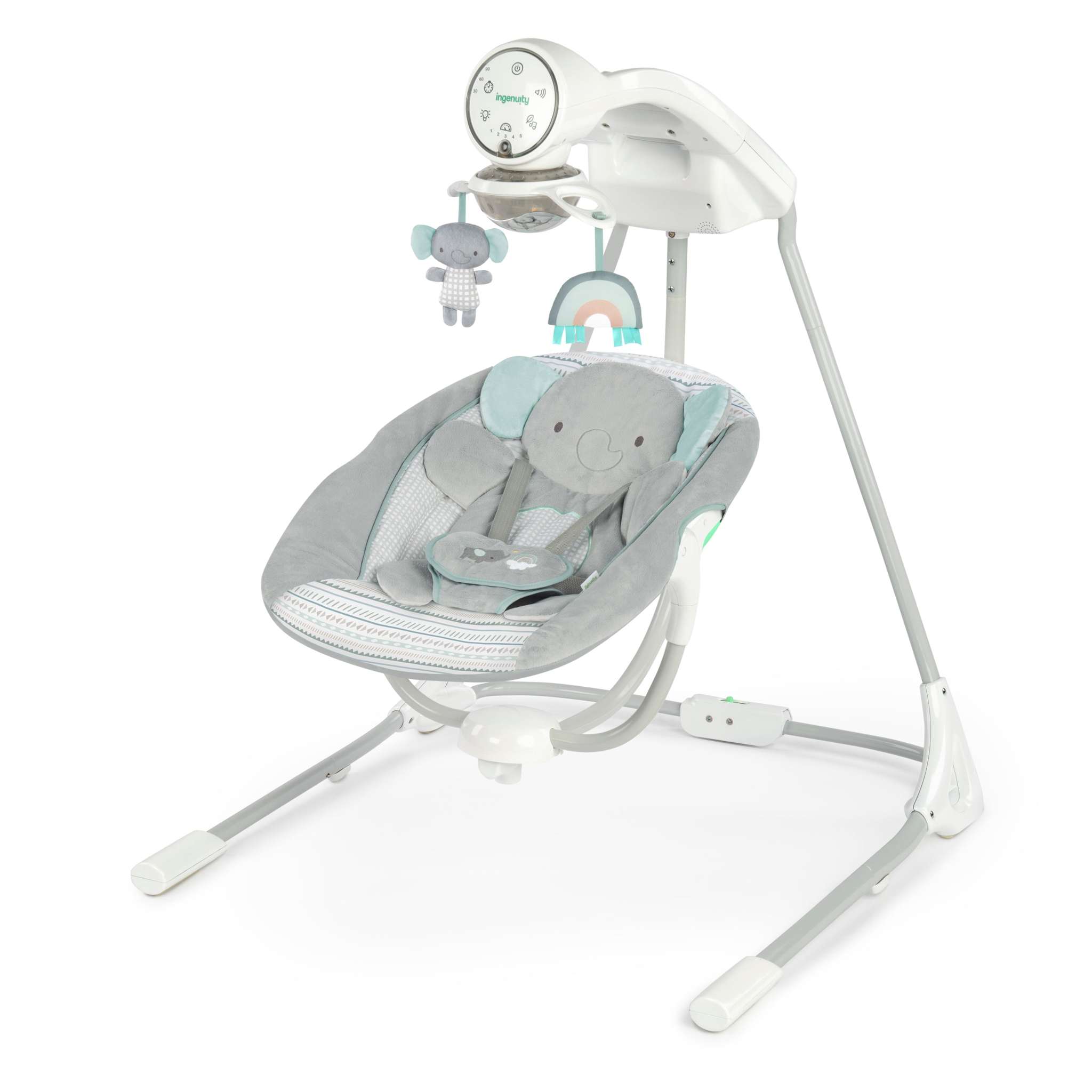 InLighten Soothing Swing for babies with rotating seat, 3-direction swing, light-up mobile, soothing melodies, and cozy elephant design