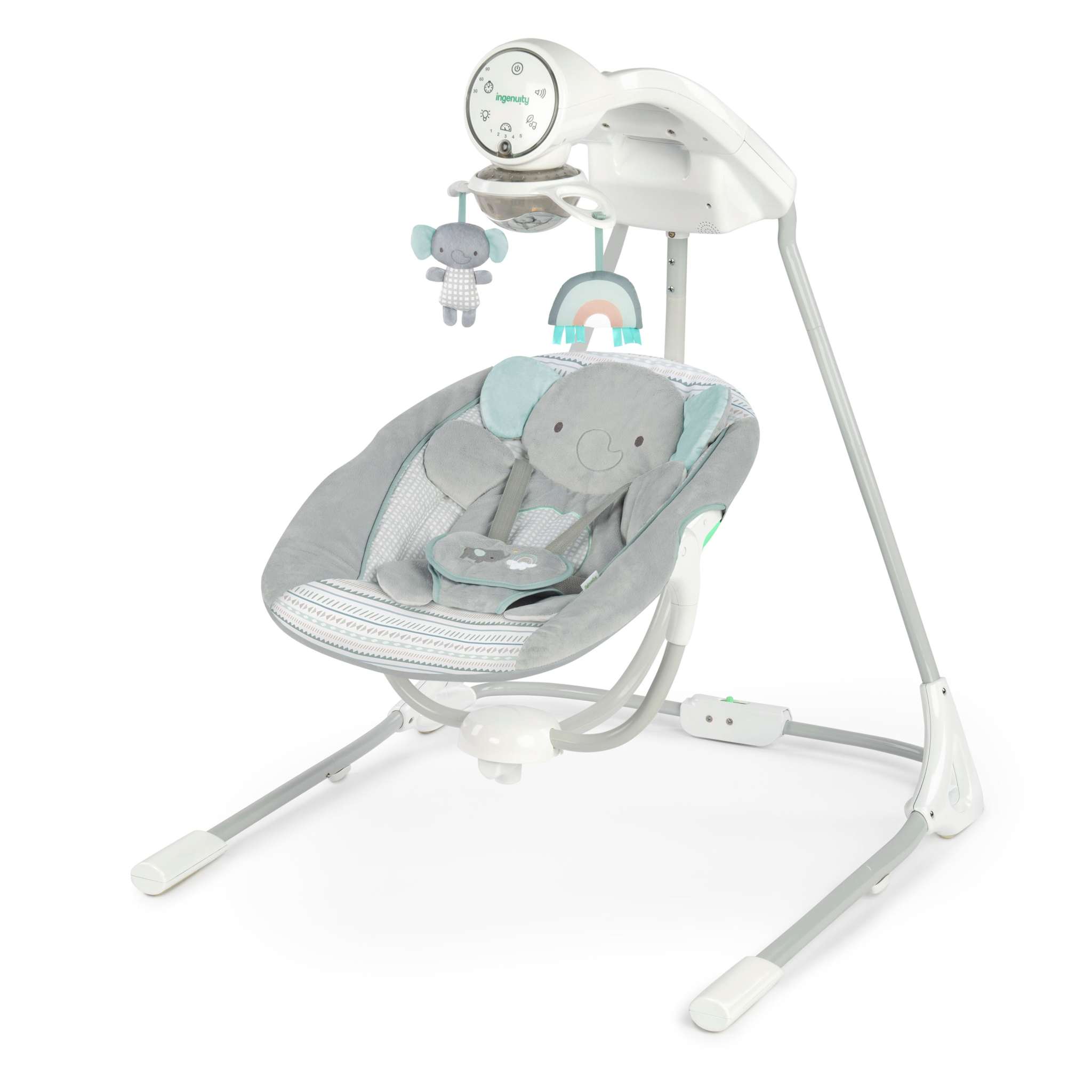 Ingenuity InLighten Soothing Swing - Van the Elephant with 180-degree rotation, plush toys, and cozy fabrics.