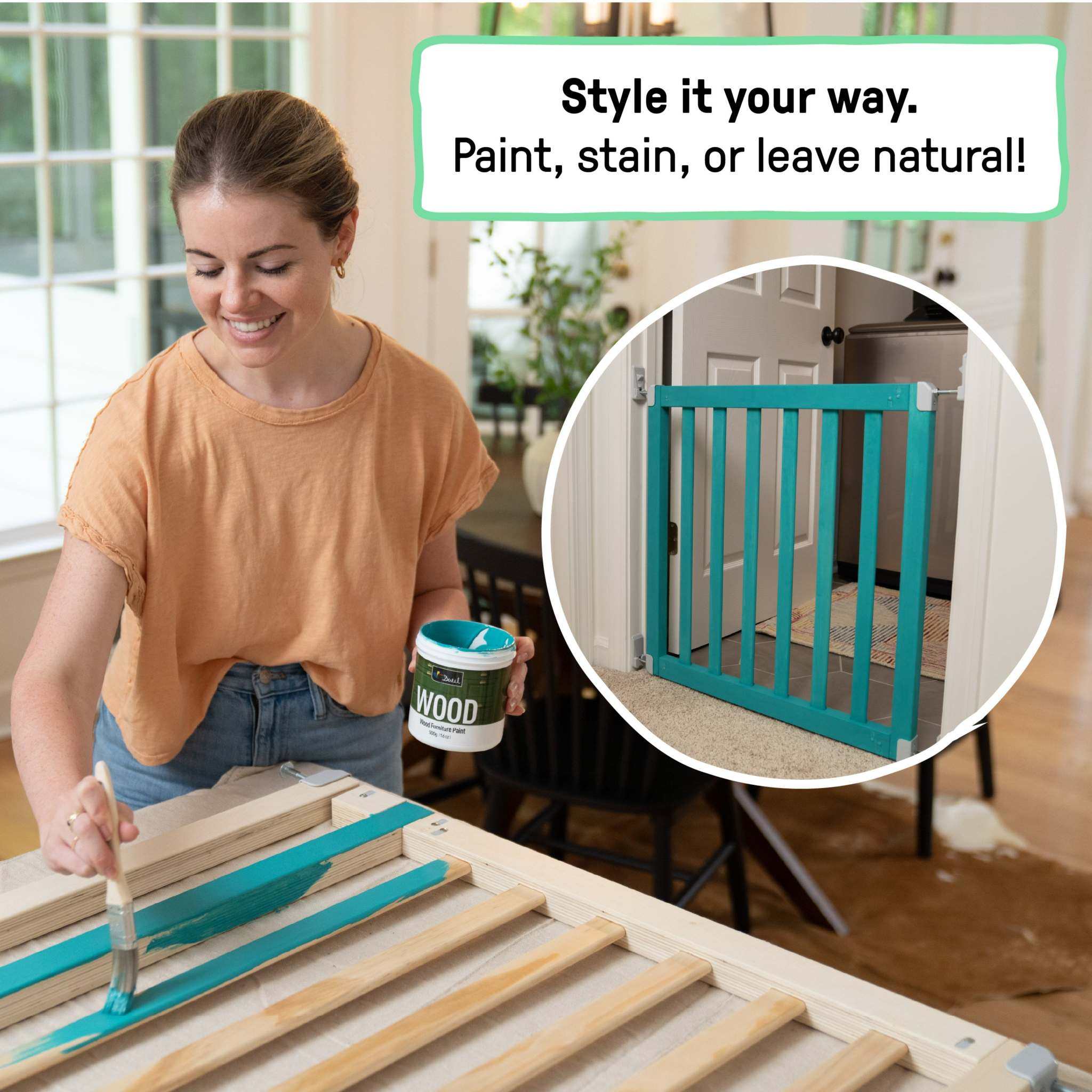 Customizable wooden baby gate for doorways 30 to 36 inches wide