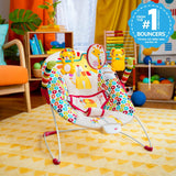 Bright Starts Playful Pinwheels vibrating baby bouncer seat with colorful toy bar and soft fabrics