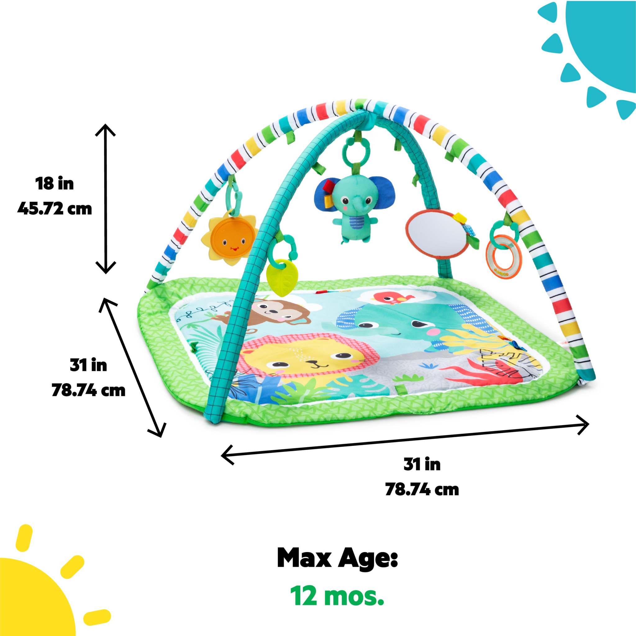 Bright Starts Wild Wiggles FoldAway Activity Gym jungle-themed baby play mat with removable toy bar and 5 colorful toys including musical elephant and mirror