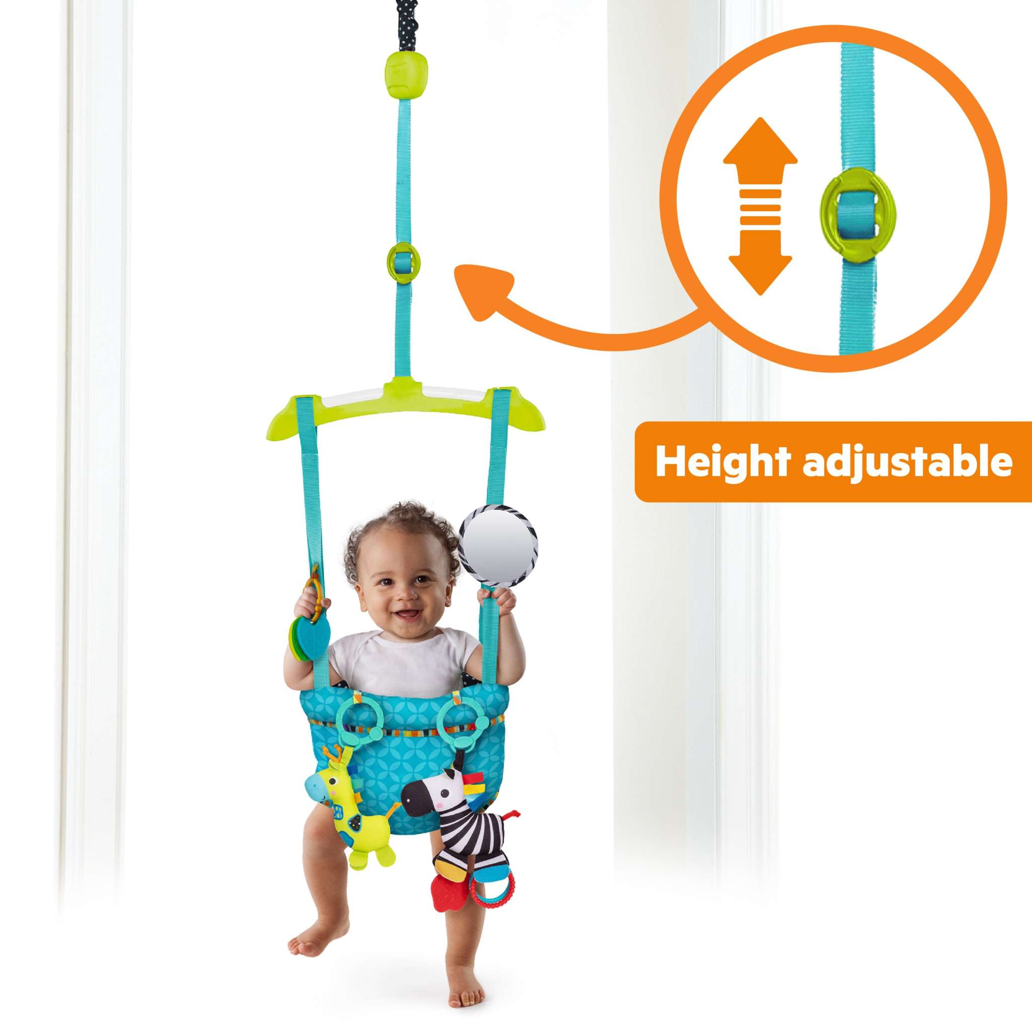 Bright Starts Bounce 'n Spring Deluxe Door Jumper with toys and clamp attachment in doorway