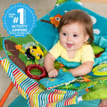 Bright Starts Pop 'N Jump portable baby jumper with owl forest theme, removable canopy, and sensory toys for indoor and outdoor use