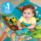 Bright Starts Pop 'N Jump portable baby jumper with owl forest theme, removable canopy, and sensory toys for indoor and outdoor use