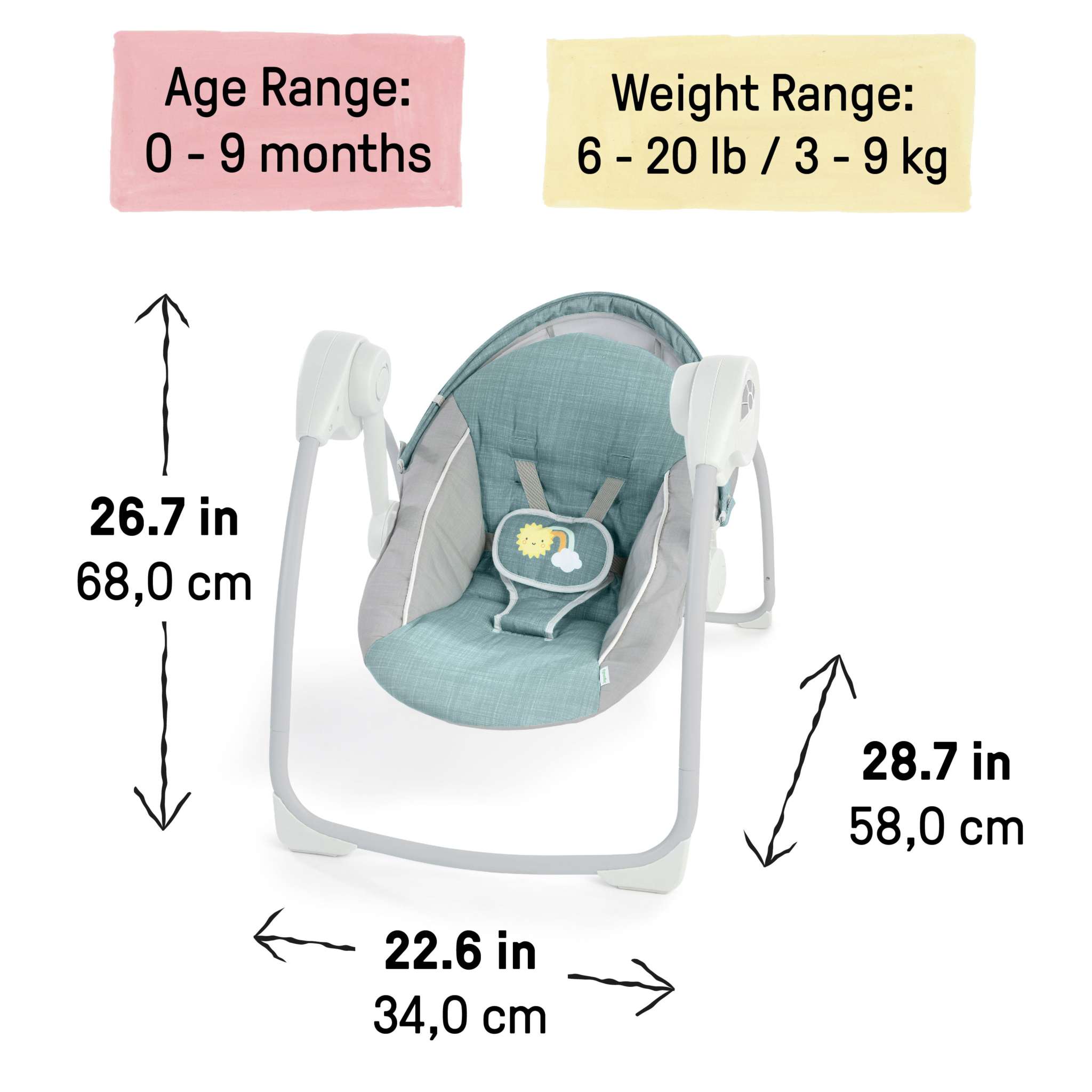 Ingenuity Sun Valley Canopy Portable Swing in teal with canopy, reclining seat, two toys, and foldable design