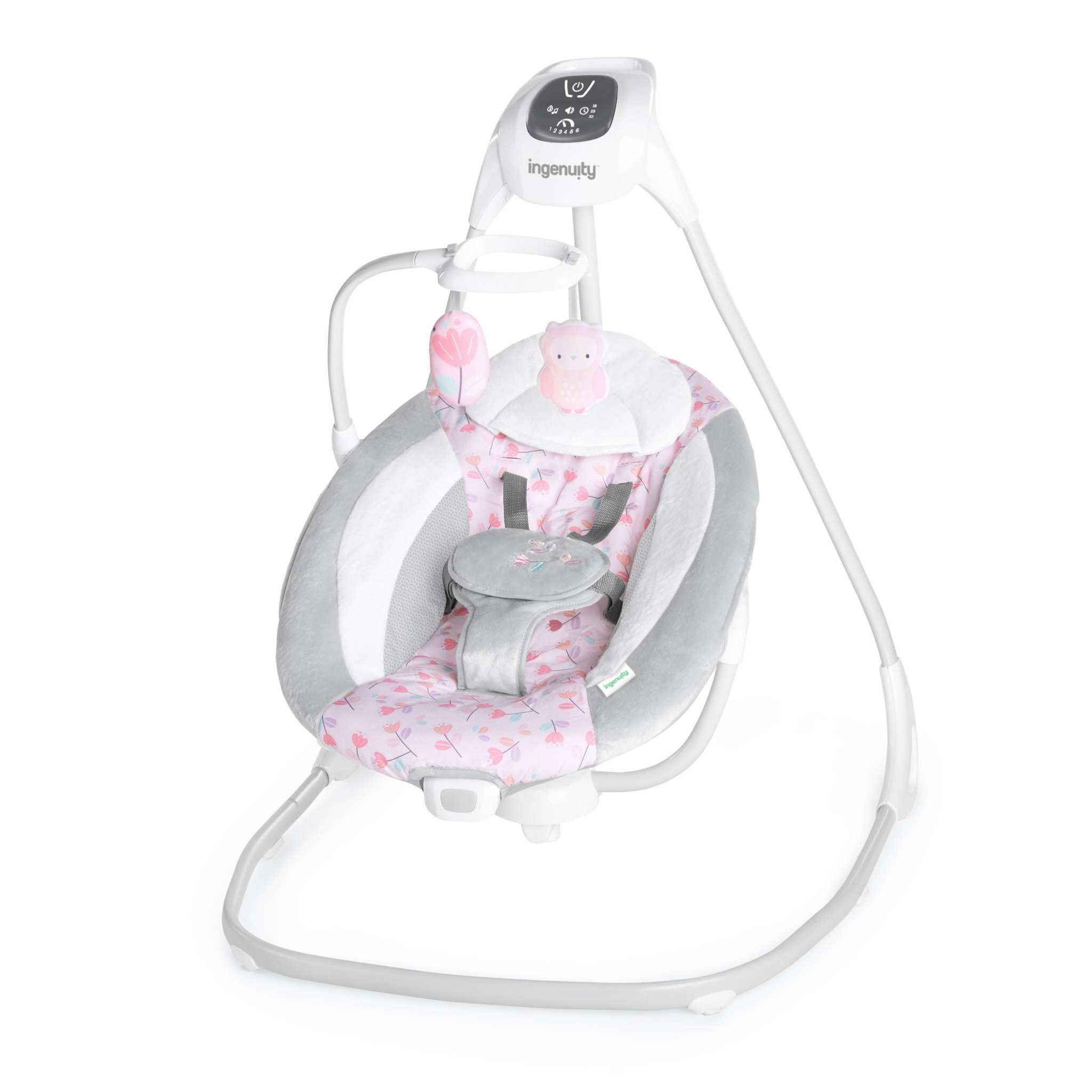 Ingenuity SimpleComfort Multi-Direction Compact Baby Swing with plush mobile, adjustable recline, and soothing vibrations.
