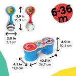 Baby Einstein First Tunes musical drum and maracas toy set with dimensions and age range 6-36 months