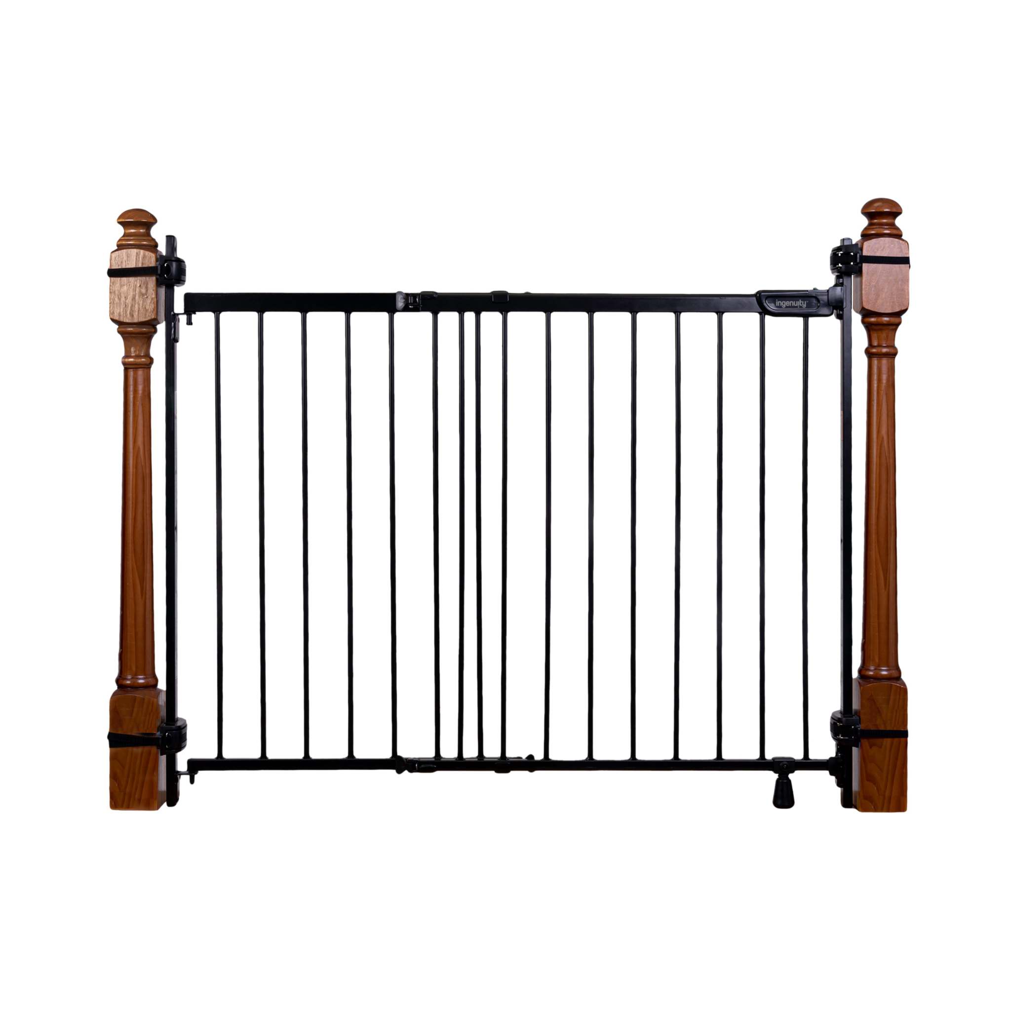 Ingenuity Stairway+ 46W Series black metal safety gate installed in a doorway
