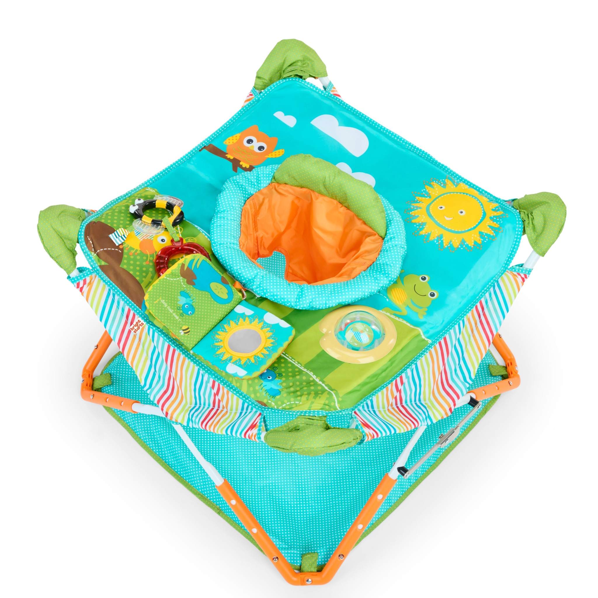 Bright Starts Pop 'N Jump Portable Activity Jumper with owl forest theme, featuring sensory toys and removable canopy for indoor and outdoor use.