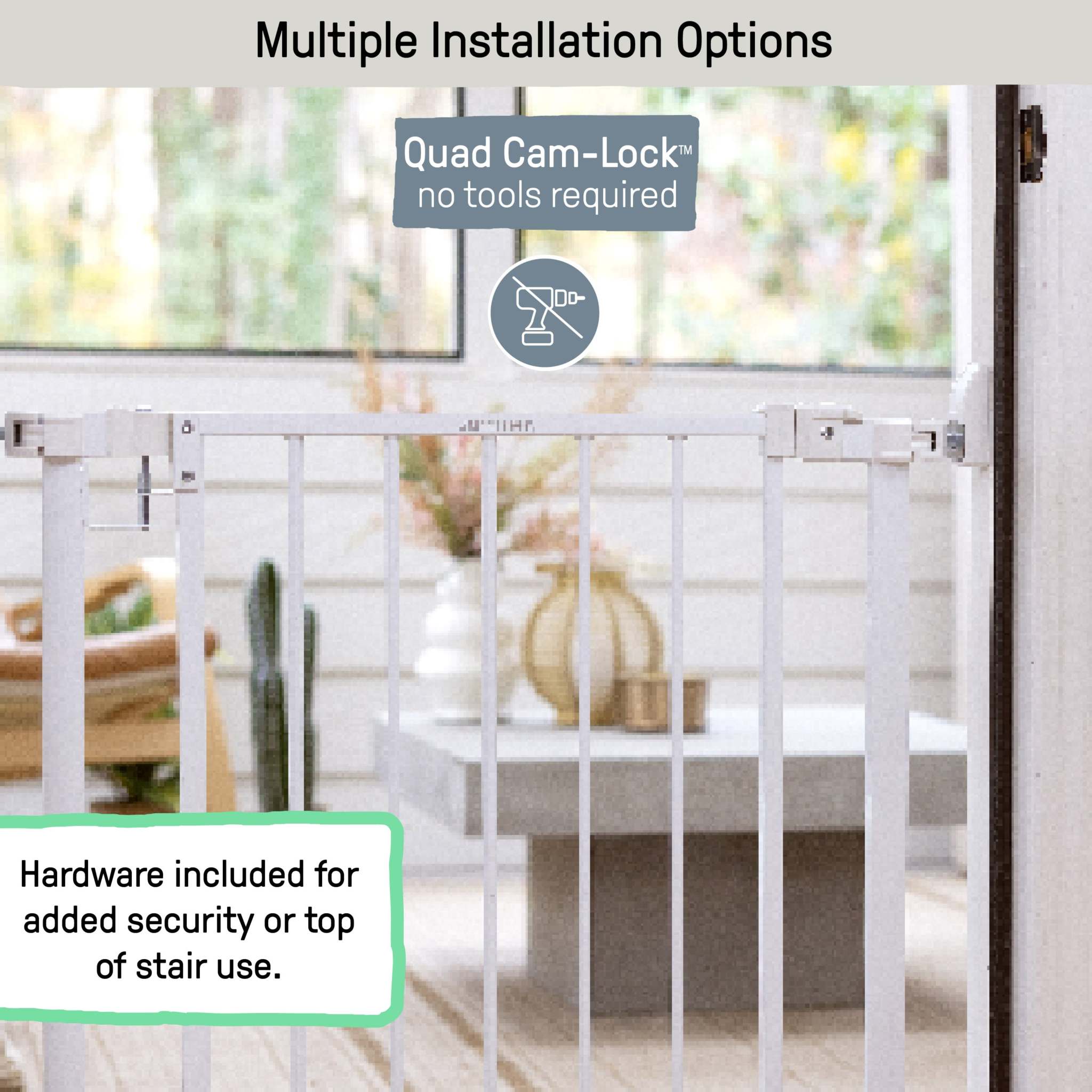 Ingenuity The Doorway 37W Series baby gate with Quad Cam-Lock in white metal, easy no-drill installation for doorways and stairs, 28" tall, fits 30-37" openings