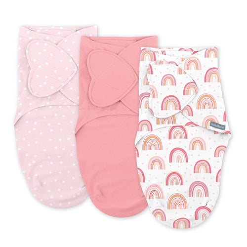 SwaddleMe by Ingenuity Monogram Collection, 3-pack swaddle set with rainbow design, 0-3 months, 100% cotton.