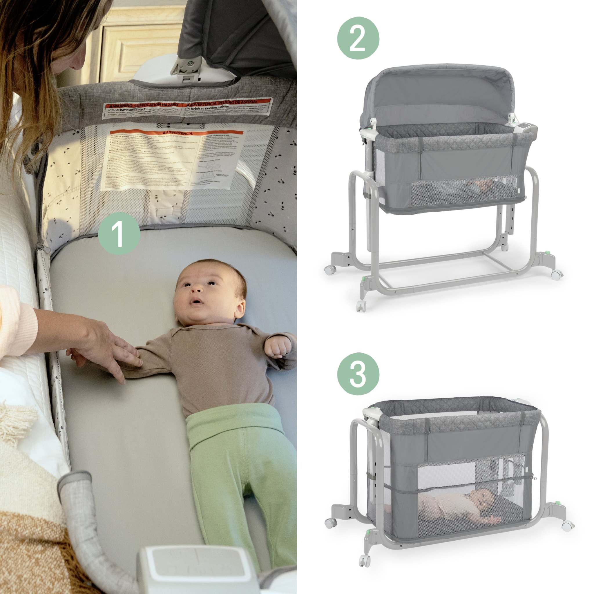 Dream Hero Starlight 3-in-1 co-sleeping bassinet with twinkling lights, adjustable heights, breathable mesh, and locking wheels for babies 0-12 months