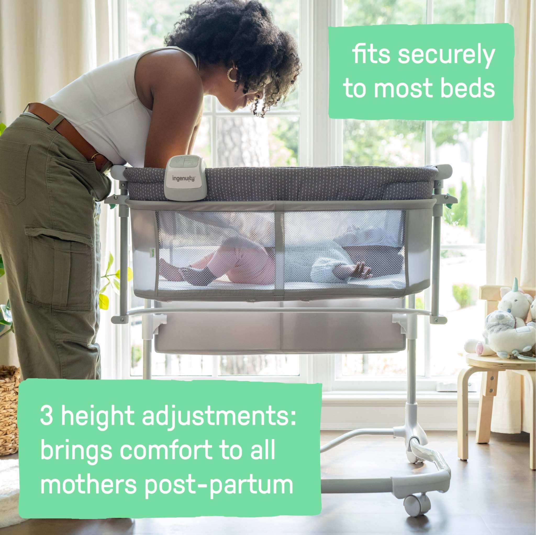 Dream and Grow Bedside Bassinet with breathable mesh sides and storage pockets