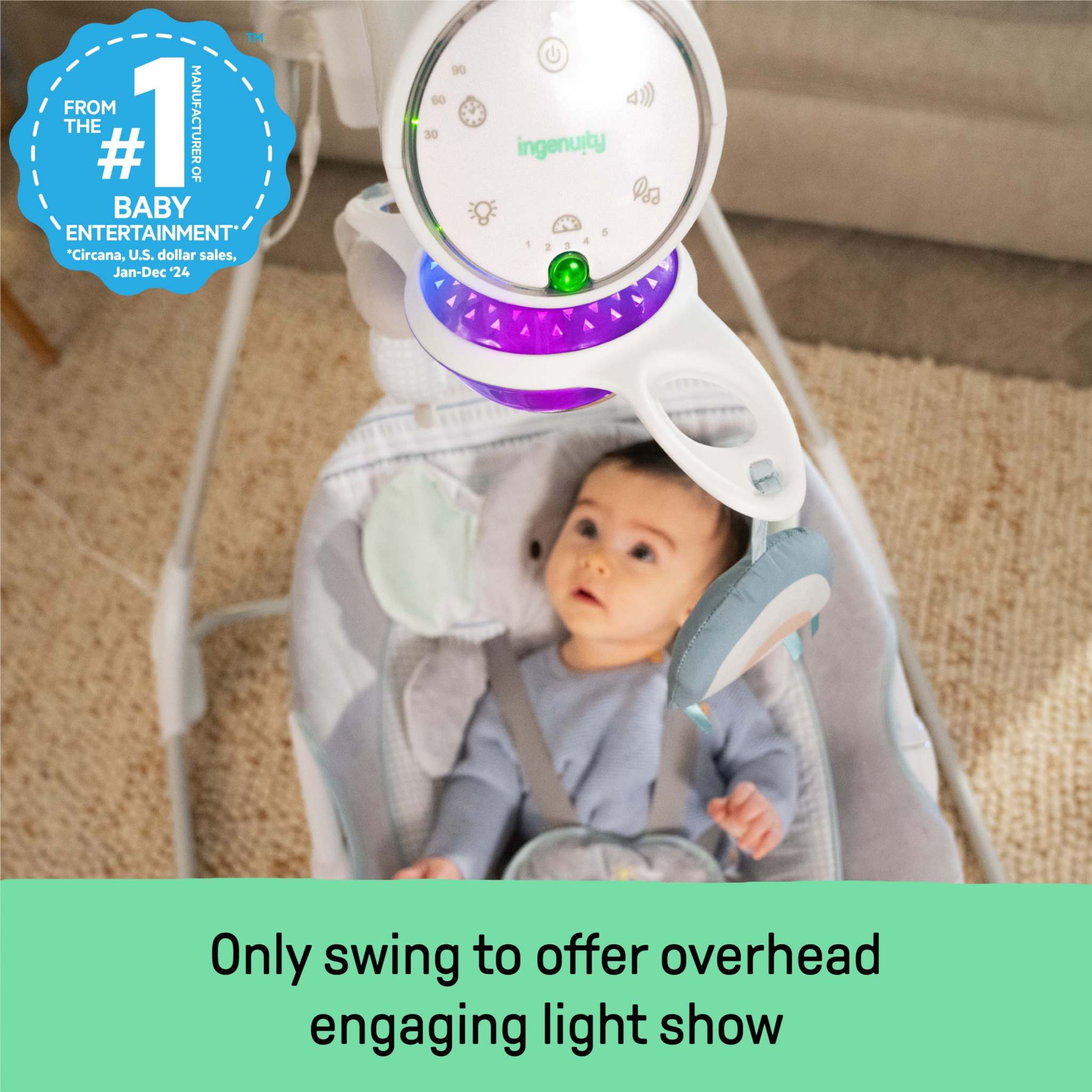 InLighten Soothing Swing Van with rotating seat, plush toys, light show, and soothing melodies for baby comfort and play