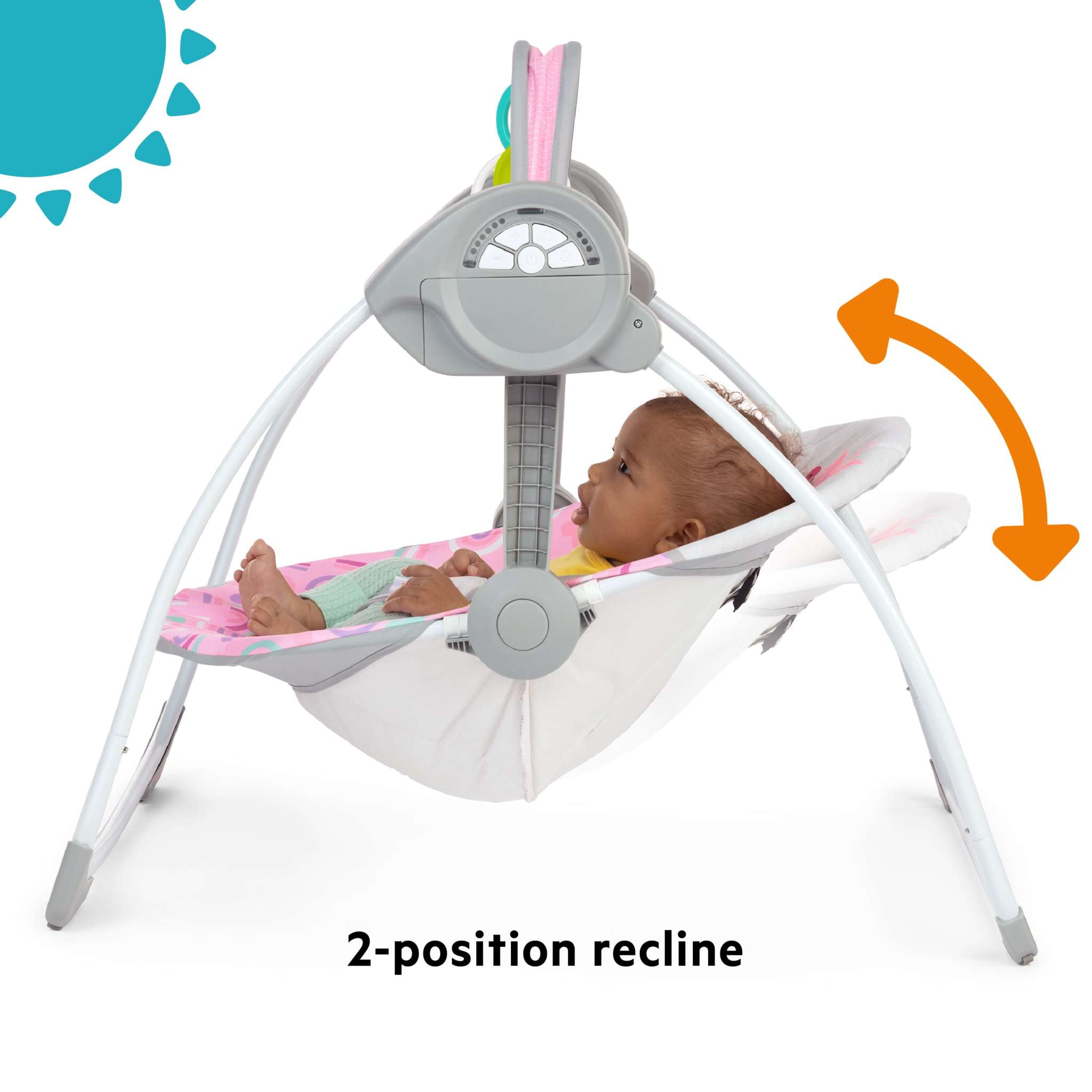 Bright Starts Pink Paradise Portable Swing with interactive toys and adjustable recline for babies