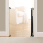 Tuck Away Retractable extra wide gate in metal, plastic, and fabric materials, measuring 30 by 55.91 inches.