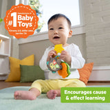 Baby playing with Bright Starts Safari Sounds Gift Set musical toys promoting cause and effect learning