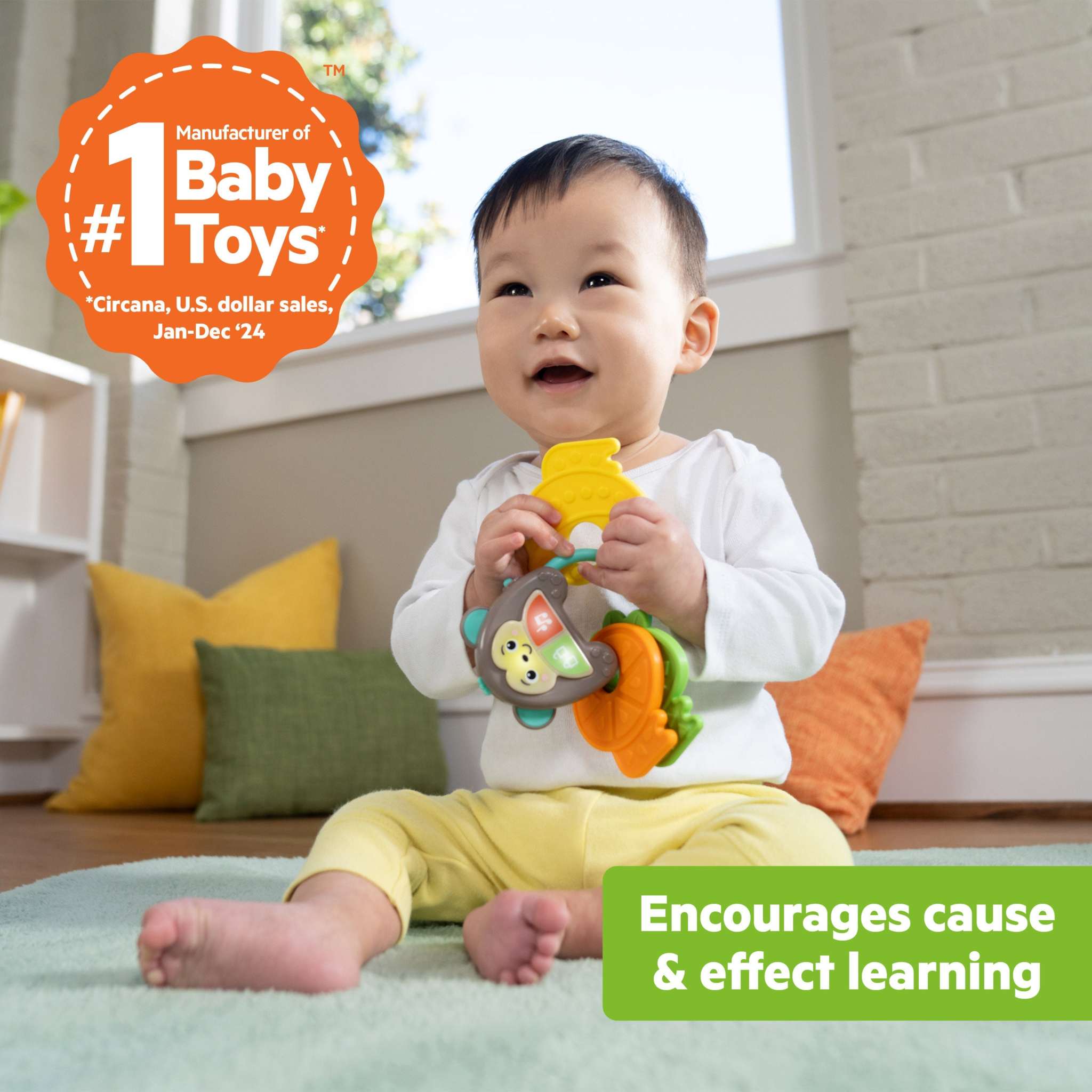 Baby playing with Bright Starts Safari Sounds Gift Set musical toys promoting cause and effect learning