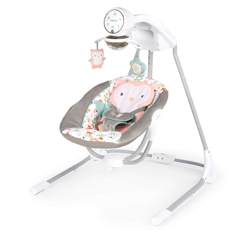 Ingenuity InLighten Soothing Swing with owl design, rotating seat, and light-up mobile.