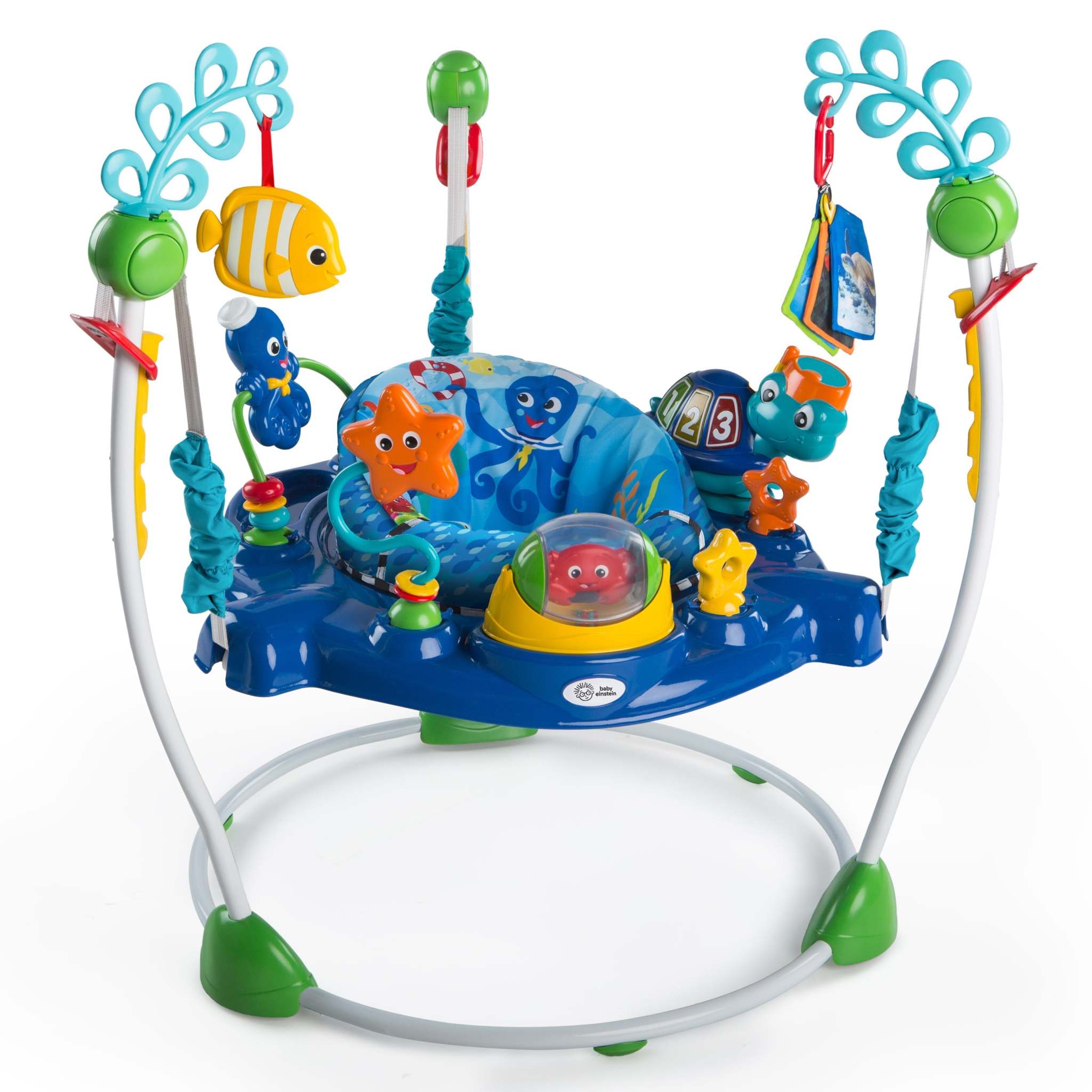 Baby Einstein Neptune's Ocean Discovery Jumper featuring ocean-themed toys and rotating seat for sensory exploration.