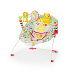 Playful Pinwheels Bouncer with colorful pinwheel design and toy bar featuring lion, elephant, and mirror for infant motor skill development