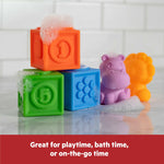 Bright Starts Cubes & Cuties colorful bath toy set with numbered blocks and tropical animal figures for babies