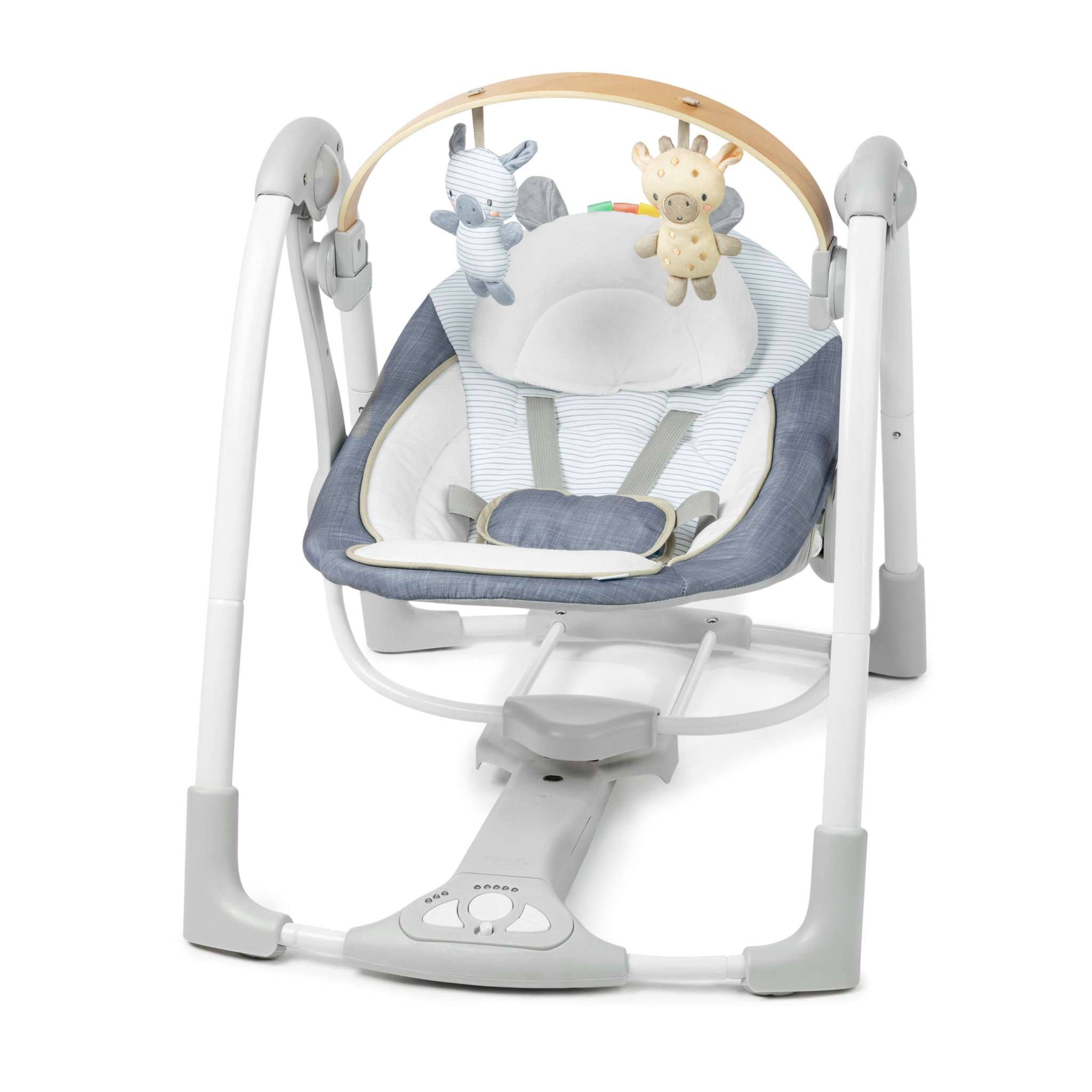 Portable baby swing with removable toy bar, adjustable plush seat, and USB power, featuring Ingenuity characters.