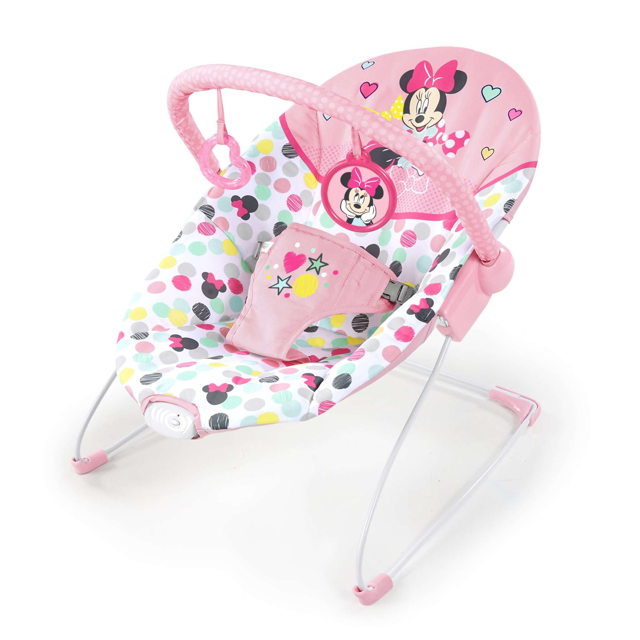 baby in a minnie mouse spotty dotty vibrating bouncer for babies